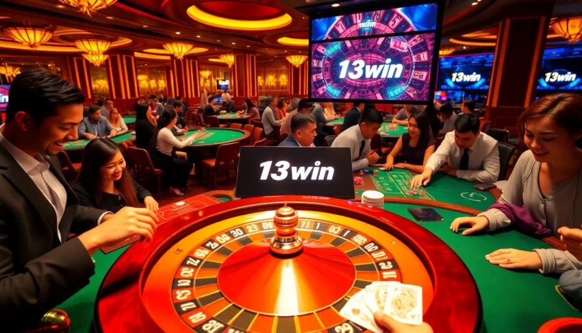 Experience thrilling gameplay at 13win casino with vibrant tables, chips, and players immersed in action.