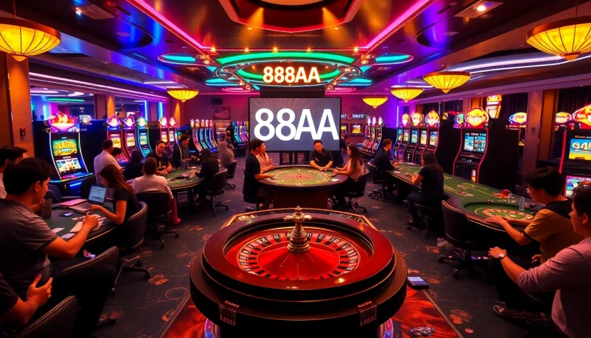 Experience the thrill of 88AA casino games with vibrant tables, excited players, and shining slot machines.