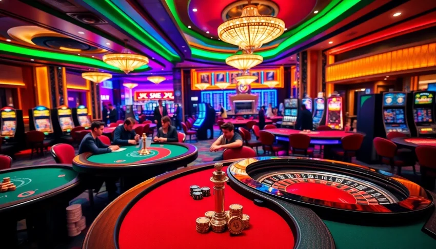 Experience the excitement of TG777 Official with players at poker tables and a vibrant roulette wheel.