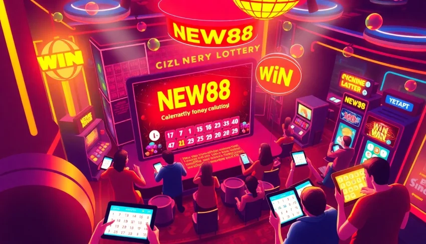 Exciting scene of players engaging with NEW88 lottery on digital devices in a vibrant online casino atmosphere.