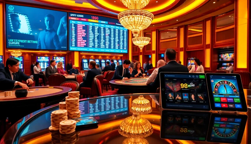 Players enjoying blackjack and roulette at a luxurious casino featuring https://98win68.city/ for online gambling excitement.