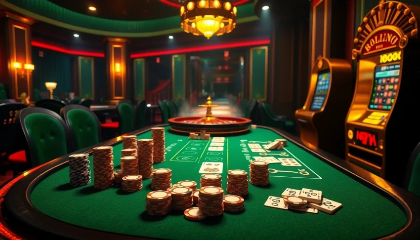 A captivating casino scene showcasing 88AA excitement with a vibrant poker table, roulette wheel, and luxury decor.