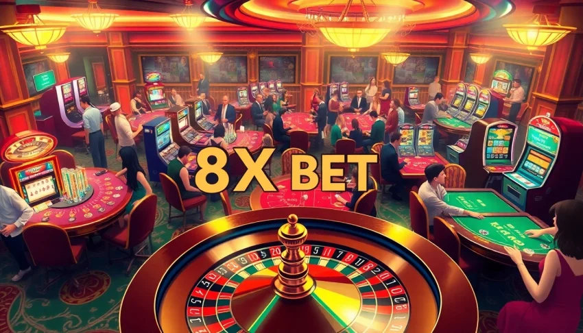8X BET at a bustling casino featuring poker tables, roulette wheels, and vibrant slot machines.