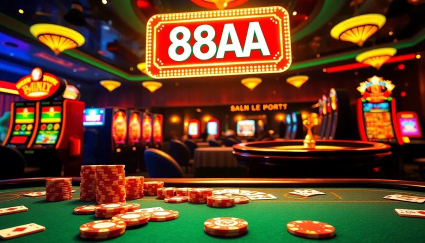 88AA poker table with vibrant chips and cards inviting players to gamble.