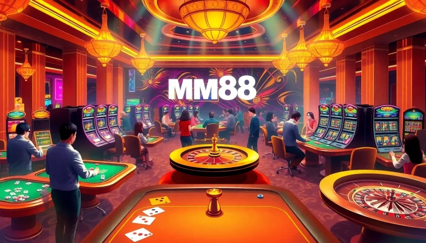 Experience excitement at mm88 sa com with players at casino tables enjoying poker and roulette games under vibrant lights.