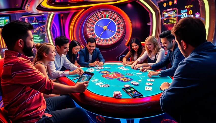 Players enjoy a thrilling game of poker at F8bet's interactive online casino, showcasing vibrant digital interfaces.