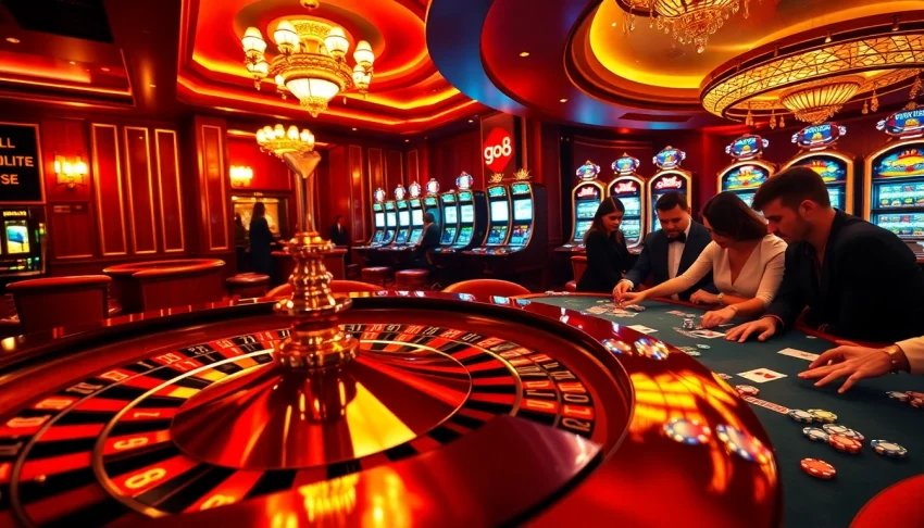 Experience the thrill of the go8 casino atmosphere with players engaged in high-stakes poker and roulette excitement.