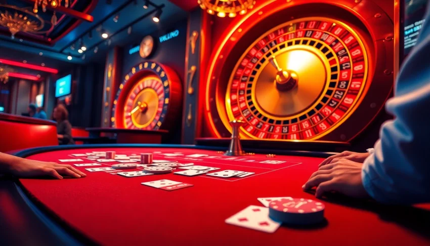 KJC players strategizing at a vibrant poker table in a chic casino atmosphere.