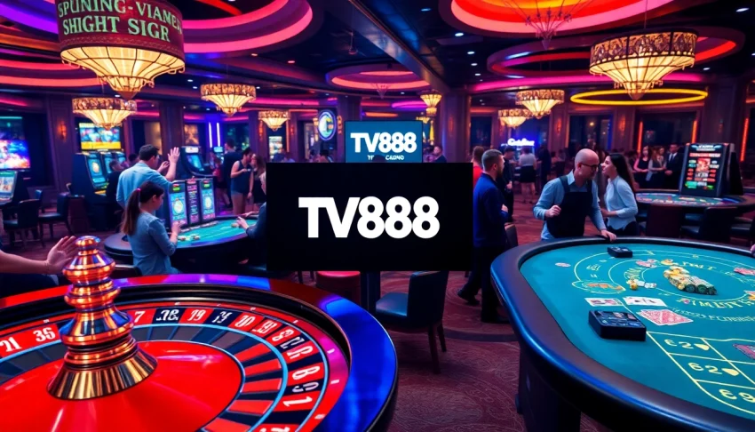TV88 logo featured amid excitement at a bustling casino table with players enjoying high-stakes games.