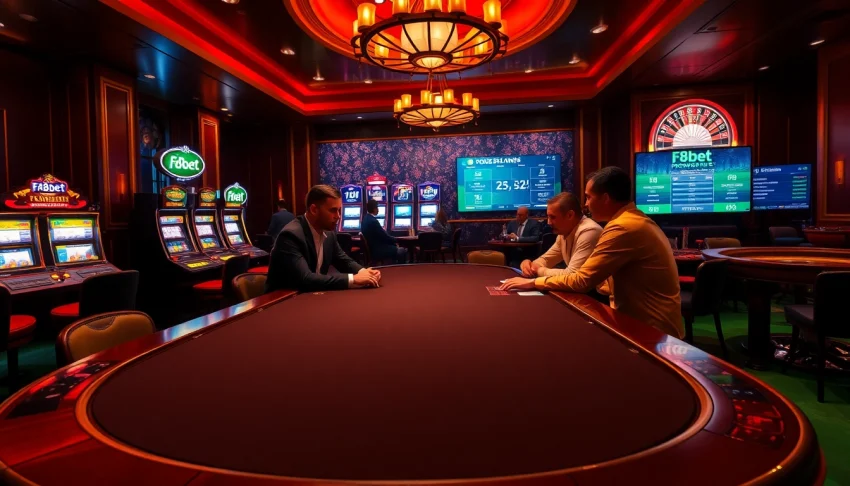 Experience the thrill of F8bet at a captivating casino poker game surrounded by vibrant slot machines.
