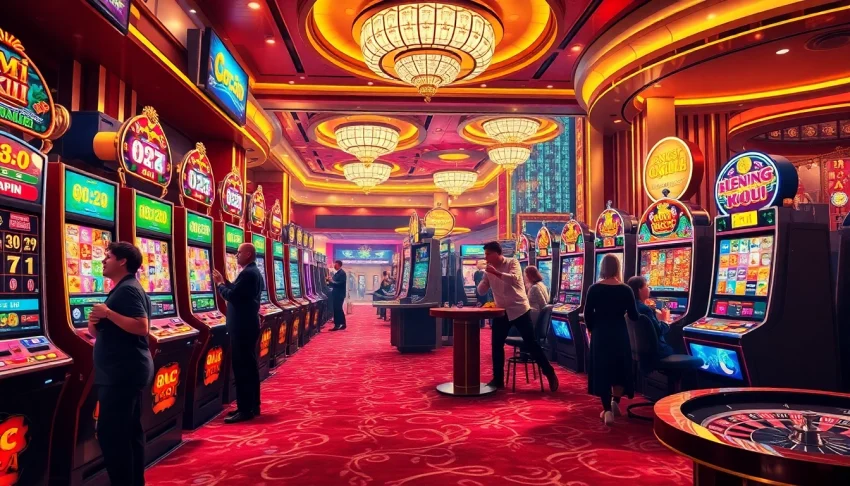 Players celebrating their wins at the nổ hũ slot machines in a vibrant casino environment.