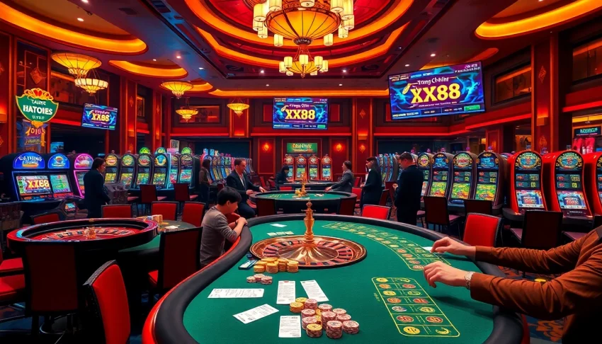 Experience the thrill of казино на trang chủ xx88 with luxurious tables, vibrant colors, and exciting players enjoying the casino atmosphere.