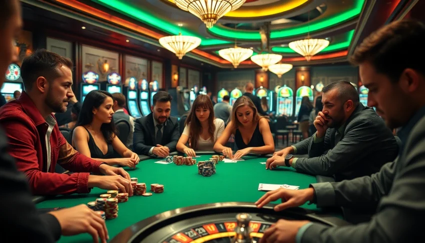 Experience the excitement of live gambling at https://mb66th.net/, featuring poker tables and vibrant casino activity.