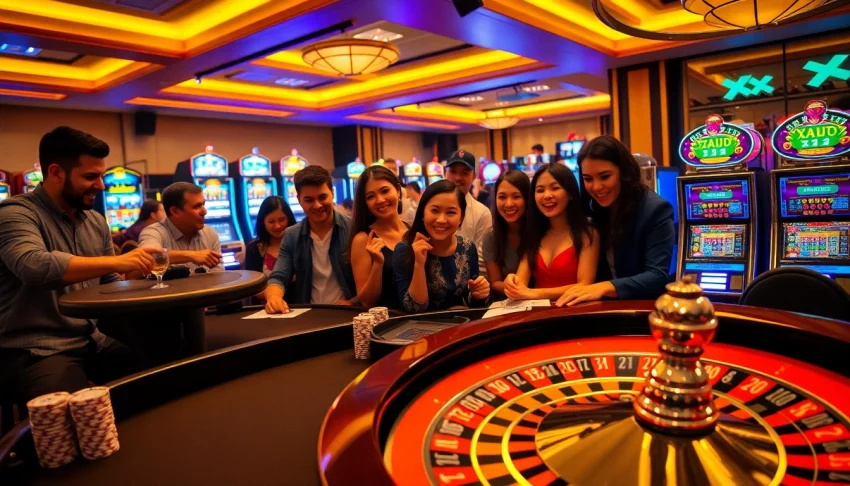 In a bustling casino, players experience the thrill of games at XX88, with roulette and colorful poker chips.