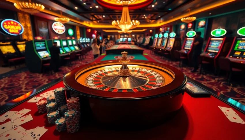 Thrilling casino action at go8 gaming tables with roulette wheel and vibrant slot machines.