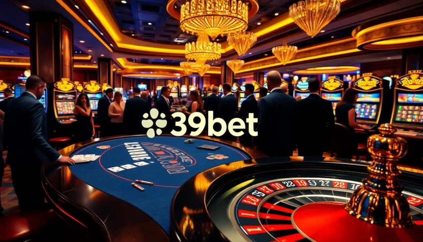 Gambling action at 39bet casino with players enjoying blackjack and roulette.