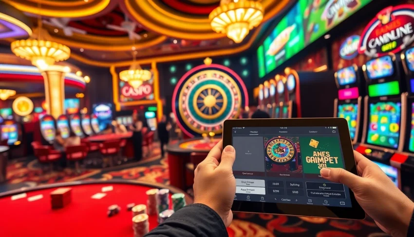 An engaging casino scene with players at tables displaying i1dompet, showcasing the thrill of online gambling.