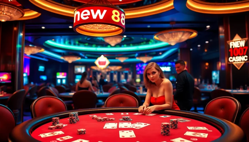Experience new 88 excitement at a luxury poker table filled with colorful chips and cards in a vibrant casino setting.