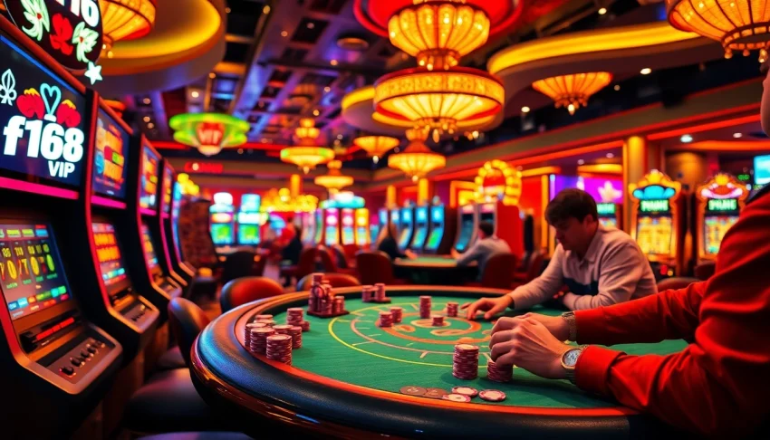 Exciting view of players in an upscale casino, embodying the f168 vip gaming experience with high-stakes poker action.