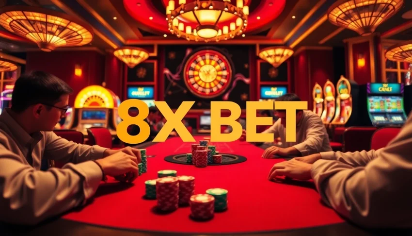 Experience high-stakes gameplay at 8X BET's vibrant poker table, featuring colorful chips and an illuminated roulette wheel.