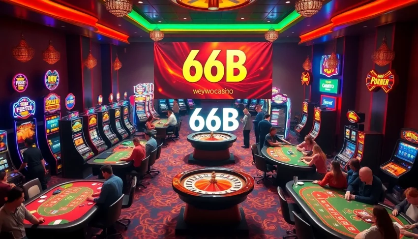 The vibrant casino setting captures players enjoying thrilling games like poker and blackjack at tables, with 66B event promotion in the backdrop.