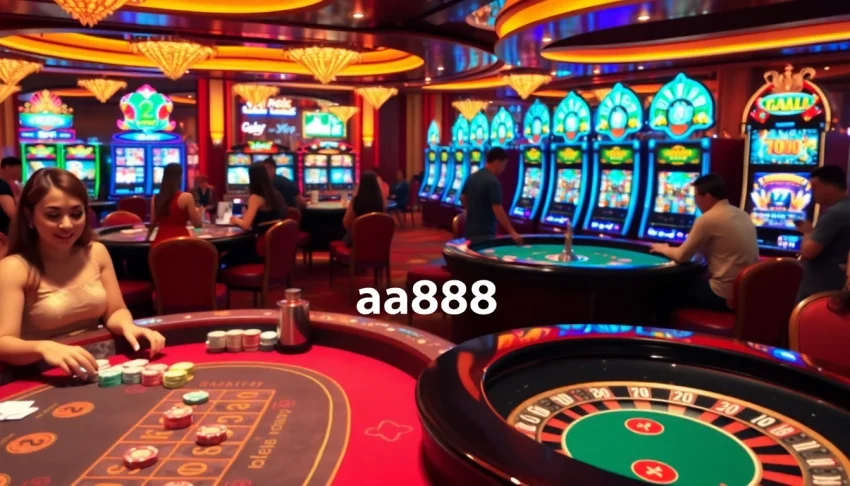 Explore the thrilling casino experience with aa888 gameplay, showcasing vibrant tables and slot machines.