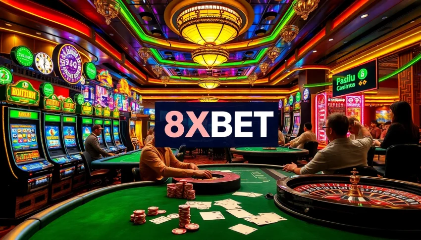 Experience the thrill of gambling with Link vào 8XBET at a vibrant casino filled with players and slot machines.