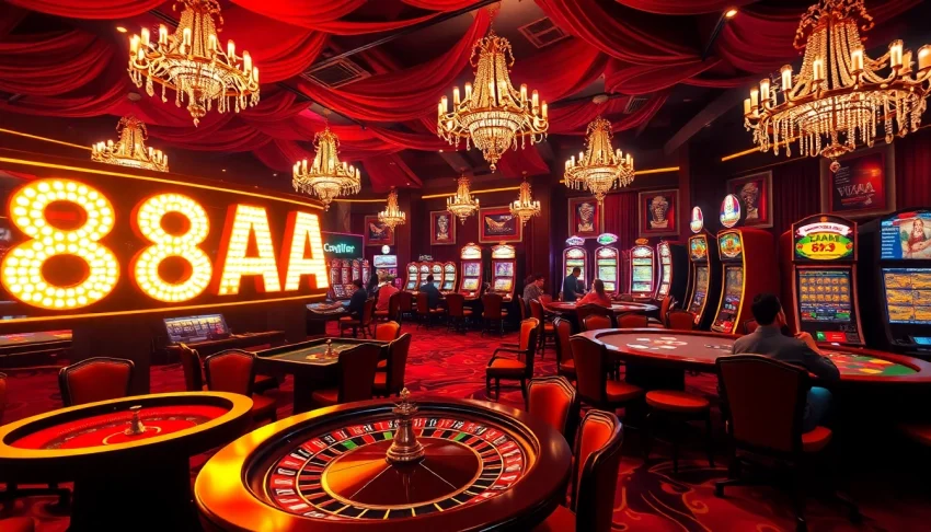 Experience the thrill of gambling at 88AA with vibrant casino tables and slot machines.
