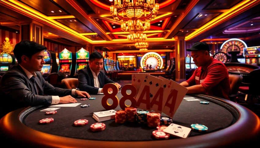 Intensely focused players engaging in a high-stakes poker game at a luxurious casino showcasing 88AA branding.