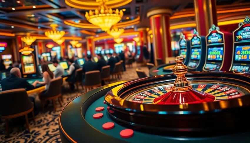 Players enjoying the vibrant atmosphere of 789BET's luxurious casino floor showcasing roulette and slot machines.