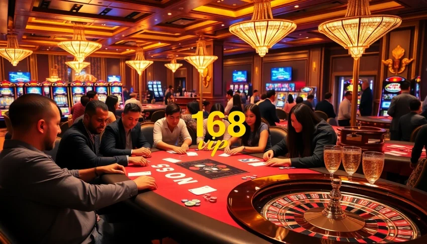 f168 vip players at a luxurious poker table in a vibrant casino, showcasing excitement and high stakes.