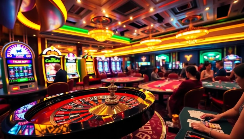Exciting mm88 casino scene with roulette table, slot machines, and enthusiastic players.