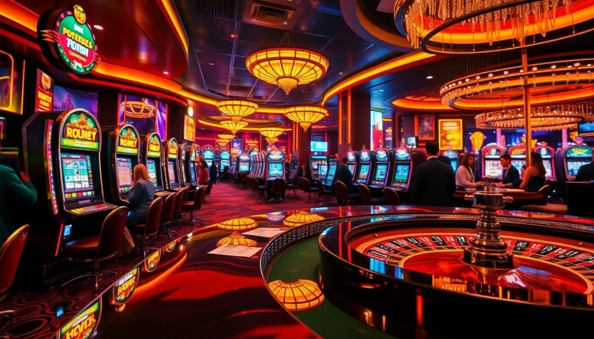 Experience the thrill of gambling with XX88 HOW at a vibrant casino, showcasing engaging tables and slot machines.