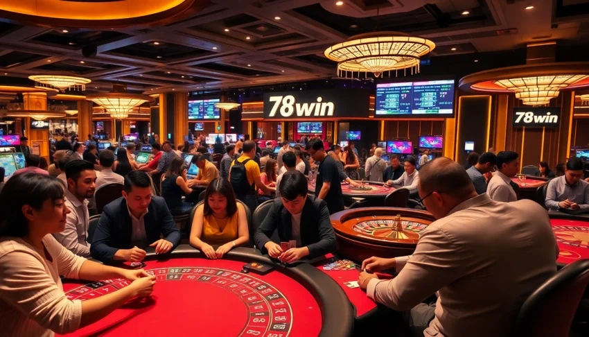 Players immersed in a competitive poker game at 78win casino, showcasing the thrill of betting.