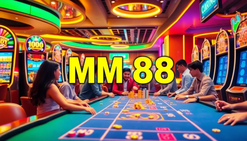 Players enjoying a vibrant online casino scene at MM 88 with poker tables and slot machines.