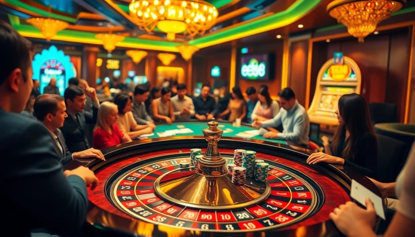 Experience thrill with EE88 at a lively roulette table in a bustling casino setting, showcasing vibrant players and colorful chips.