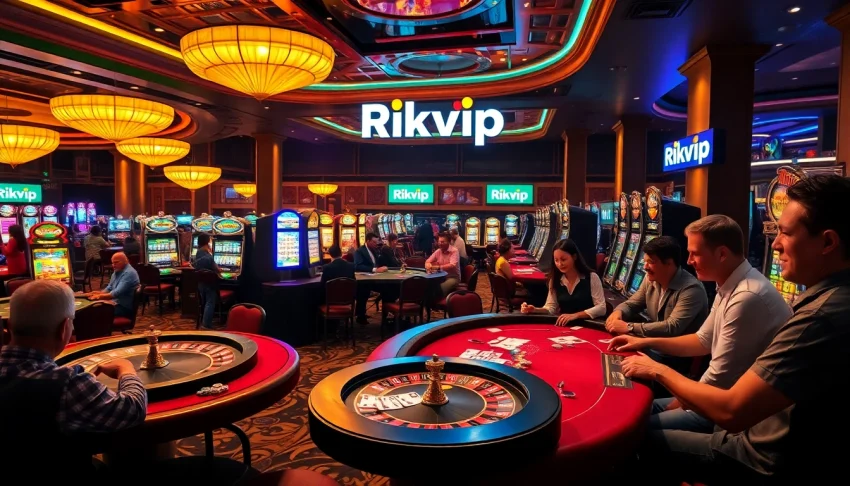 Rikvip players enjoying an exhilarating casino experience at diverse gaming tables.