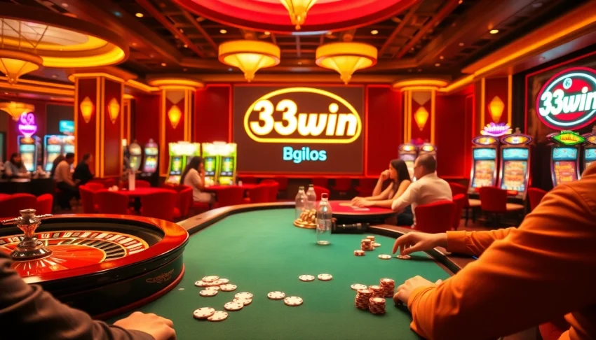 Experience the thrill of 33win at a buzzing casino with players around exciting poker tables and vibrant slot machines.
