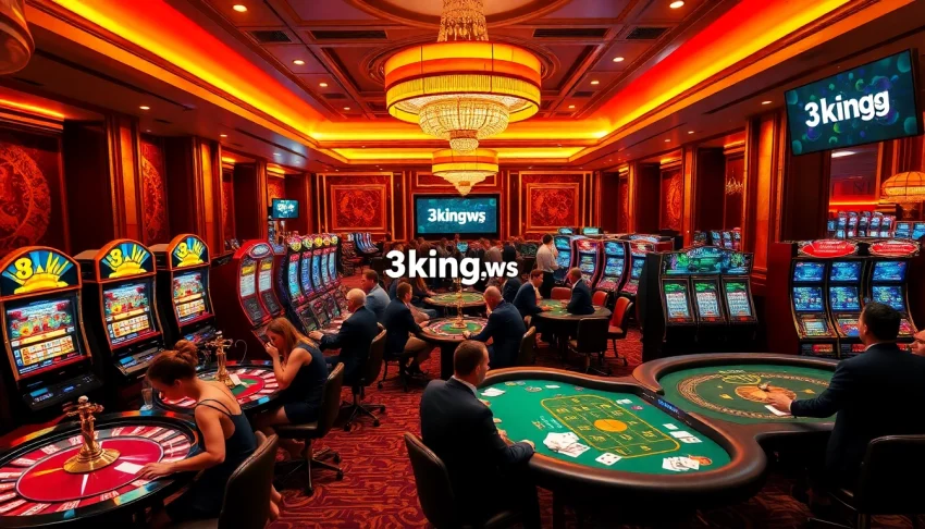 Explore an exciting casino setting at 3king.ws with players engaging in roulette and blackjack, highlighted by vibrant machines and colorful chips.