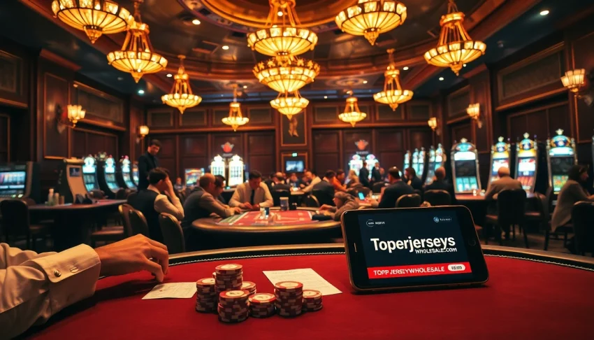 Engage in thrilling casino gaming with topnfljerseyswholesale.com prominently displayed amid a bustling poker room full of excitement.