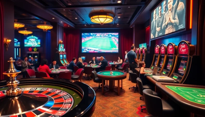 Experience xem trực tiếp bóng đá while enjoying vibrant casino games, including roulette and poker, in a lively atmosphere.
