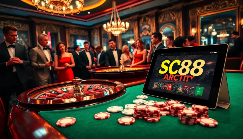 Players enjoy high-stakes gambling at a casino featuring the website https://sc88.archi/ on a tablet.